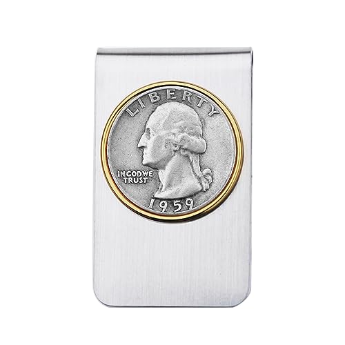 US 1959 Washington Quarter 90% Silver Coin Stainless Steel Gold Silver 2 Tone Money Clip New