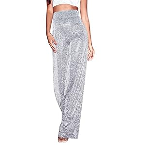 Generisch Glitzer Pailletten Hose Silber Metallic Schlaghose 70er Weites Bein High Waist Elegant Lang Freizeithose Glitzerhose Outfit Disco Pants Karneval Kostüm Silvester Party für Damen