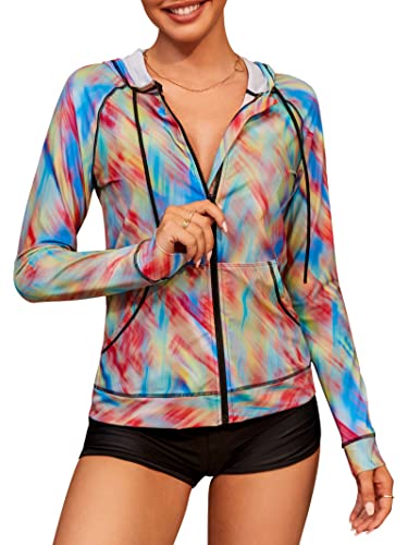 Attraco Women's Long Sleeve Hooded Rash Guard Shirt Adjustable Side Pocket Upf 50+ Zippper Top Rainbow Large #TOP20