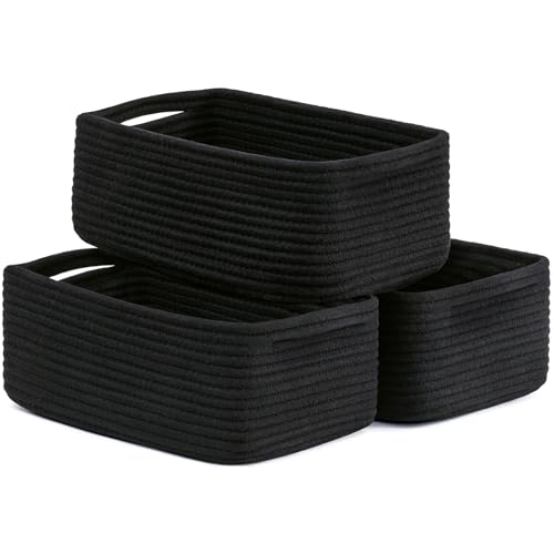 TIMEYARD Storage Baskets for Organizing, Small Rope Shelf Basket for Gifts Empty Toy Baskets Storage Kids Storage Bins Woven Basket 3 Pack, Black, 33 x 20 x 13 cm