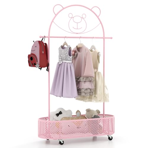 GOPLUS Perchero de Ropa para Niños con Ruedas, Perchero Infantil Rodante con Cesta de Almacenaje Inferior, 3 Alturas Ajustables, Perchero de Ropa Colgante de Metal con Diseño de Oso (Rosa)