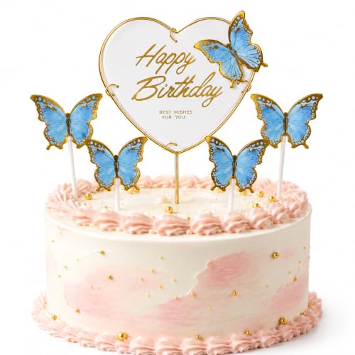 Image of Wanna Party Happy Birthday Cake Topper with Blue Butterflies, 5 Pcs Butterfly Cake Decoration Set for Birthday Cake, Cupcake, Dessert Table, Party Decor & Celebration Supplies