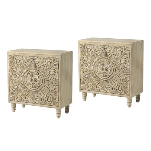 COZAYH Farmhouse Storage Cabinet Set of 2 with Carved Flower Motif Front, Distressed Boho Buffet Cabinet, Rustic, French Country, Weathered White