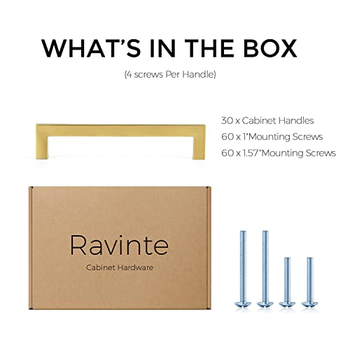 Ravinte 30 Pack 6-1/4 Inch Square Cabinet Handles Brushed Brass Kitchen Pulls For Cabinets Stainless Steel Kitchen Hardware Cabinet Pulls 6-1/4" Hole Center #TOP6