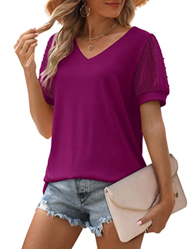 Image of Aokosor Womens Summer Tops V Neck T Shirts Swiss Dot Puff Sleeve Tops Loose Casual Tshirts