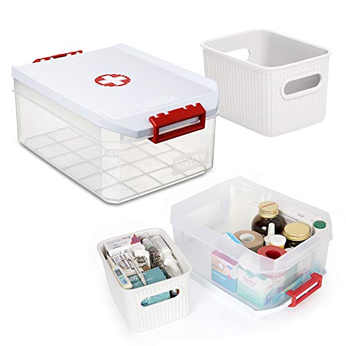 PracticDomus - Lote Botiquin y Cesto Baobab Tatay, Caja Multiusos 4.5L. Tapa con Asas Integradas y Símbolo Cruz Roja