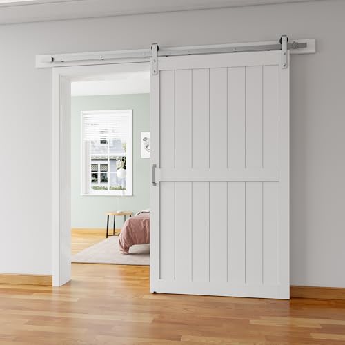 ALAMEDADT 48''x84'' Sliding Barn Door with 8 Ft Brushed Nickel Hardware Kit& Handle& Floor Guides,Pre-Drilled Holes Easy Assembly - Include Installation Manual, Water-Proof PVC Surface, H-Frame