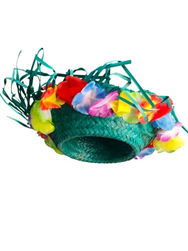 Image of BookMyCostume Green Goa Beach Hat for Women - Handmade Straw Sun Hat with Artificial Flower Decoration | Hawaiian Style Colorful Hat for Girls & Ladies | Vibrant Beach Party Accessory for Adults