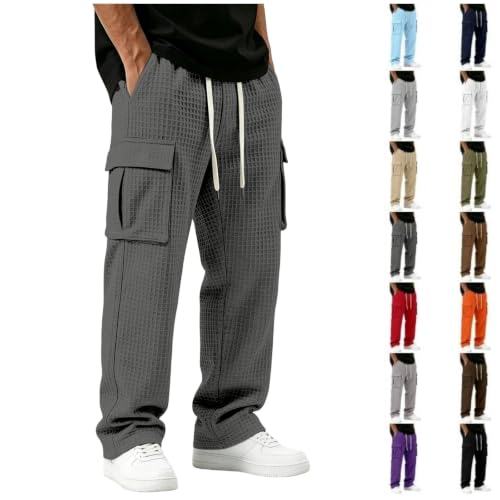 XINGJIAARTS Mens Jogger Sweatpants with Drawstring Baggy Waffle Knit Cargo Jogging Pants Soft Breathable Hiking Lounge Pants Dark Gray Small - image 1