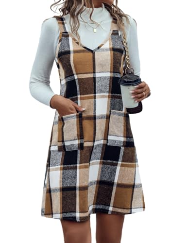 IDEALSANXUN Plaid Overall Dress for Women Fall Winter Sleeveless Plaid Dresses with Pockets