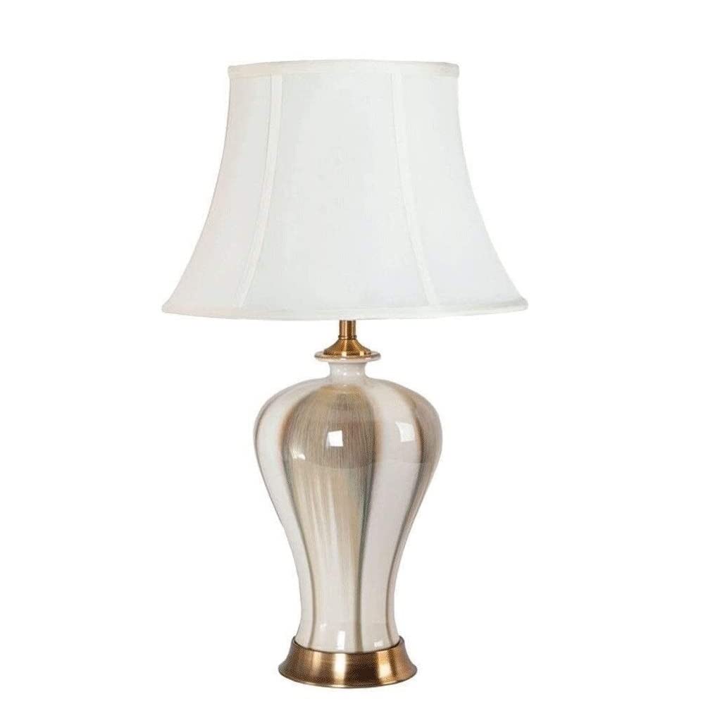 AZHKJKZH Table Lamp LED Ceramic Table Light,Retro Small Lamp Living Room Bedroom Office Bedside Desk Fabric Lampshade E27 White For Home(Push button)