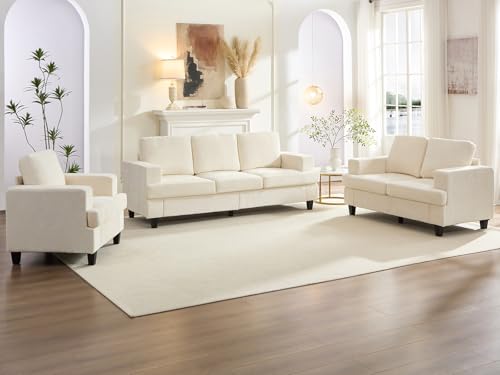 Image of Mjkone 3 Pieces Living Room Sofa Sets, 3 Seat Sectional Sofas Couch and Loveseat Sets with Armchair, 82 inch Width Sofas Couches for Living Room Furniture Set, 3-Seat Sofa + Loveseat + Armchair, Beige