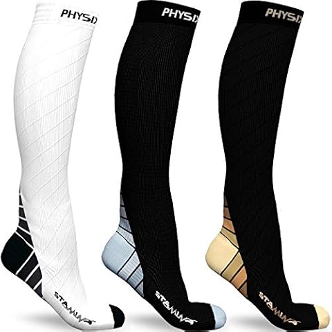 Physix Gear Sport 3 Pairs of Compression Socks for Men & Women in (Black/Grey + Nude Beige + Black/White) L-XL Size Cover