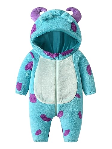 SYHVGI Toddler Baby Girls Boys Fleece Jumpsuit Cartoon Animal Horn Hooded Rompers Halloween Carnival Cosplay Outfits (Blue 6-12 Months)