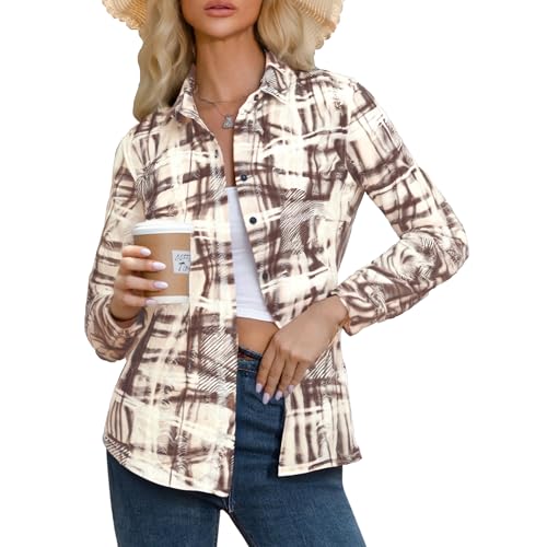 Esabel.C Womens Button Down Flannel Shirts Long Sleeve Distressed Regular