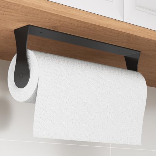 Image of Paper Towel Holder Under Cabinet, Stainless Steel, Wall Mount, Black Adhesive Paper Roll Holder for Kitchen and Bathroom
