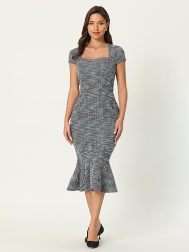 Women's Tweed Fishtail Dress Square Neck Cap Sleeve Formal Work Dresses2