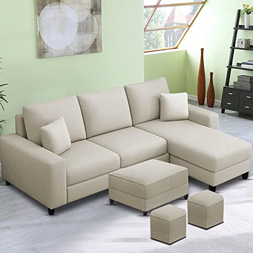Image of Orland 4 Seater RHS L Shape Sofa with Center Table & 2 Puffy | Color - Cream