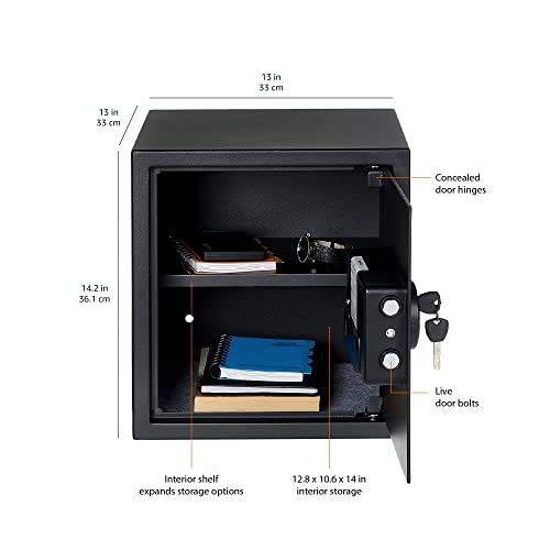 Amazon Basics Steel Home Security Electronic Safe with Digital Keypad, Programmable Lock for Important Documents, Jewelry, Valuables, 1.2 Cubic Feet, Black, 13"W x 13"D x 14.2"H