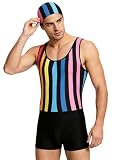 FEESHOW Herren Badeanzug Einteiler Schwimmanzug Retro Streifen Body Badekappe Set Shorty Overall Sport Surfen Schwimmkleidung Bunt XL