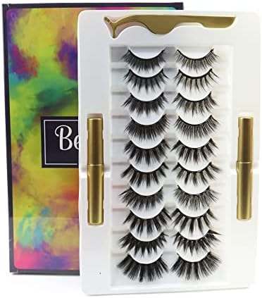10 Pairs 3D Mink Natural Wispy Falsies Synthetic Fiber Lashes 0.03 mm Thick GLUEliner Black Waterproof Eyeliner Glue & Lash Applicator Fake Reusable Eye Lash NON Magnetic