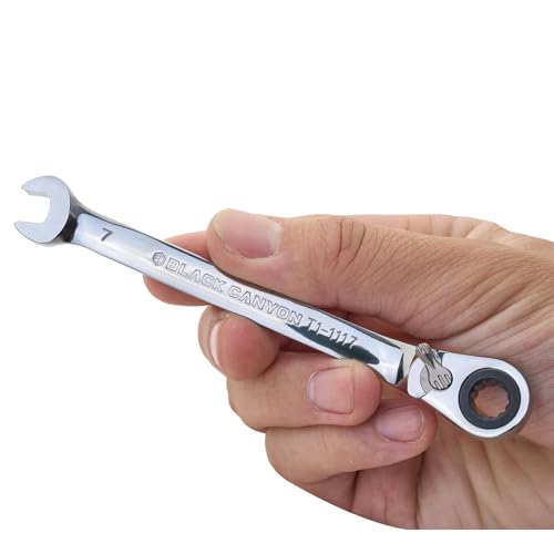 Image of BLACK CANYON 7 mm Ratchet Combination Wrench, 12-Point Box End & Hex Opening, Polished Steel Ratcheting Wrench with SAE & Metric Sizes