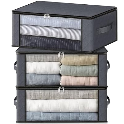 HomeHacks Storage 3-Pack Clothes Organizer Storage Bags Foldable Storage Box with Large Clear Window Sturdy Handles for Closet, Dorm, Pillows, Bedding, Clothes, Blankets, 35L, Gray