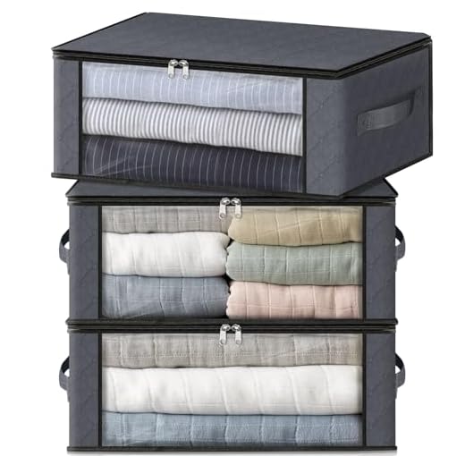HomeHacks Storage 3-Pack Clothes Organizer Storage Bags Foldable Storage Box with Large Clear Window Sturdy Handles for Closet, Dorm, Pillows, Bedding, Clothes, Stuffed Toys, Blankets, Grey
