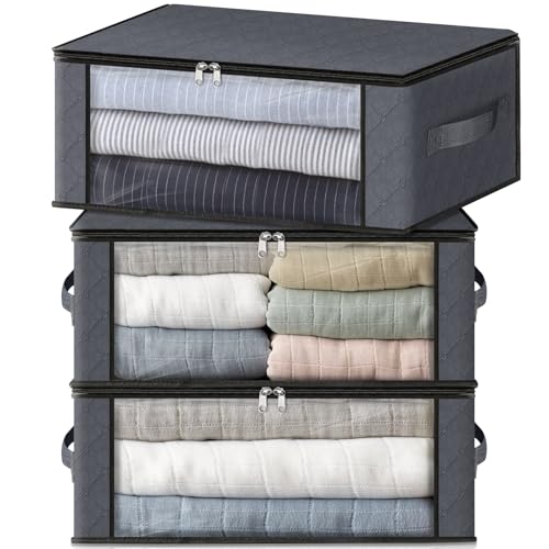 HomeHacks Pacote com 3 sacos de armazenamento organizador de roupas caixa de armazenamento dobrável com janela grande transparente alças resistentes para armário, dormitório, travesseiros, roupa de