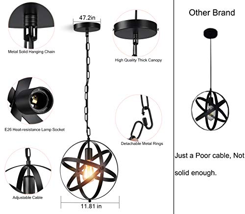 Asnxcju Industrial Metal Black Pendant Light, Vintage Spherical Cage Hanging Pendant Light Fixture With 47.24 Inch Adjustable Chain For Kitchen Island Dining Room Entryway Foyer Hallway 2 Pack #TOP2