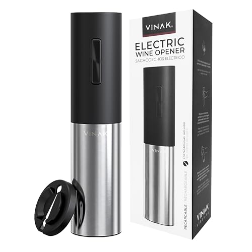 VINAK - Sacacorchos eléctrico recargable en acero inoxidable | Incluye batería recargable integrada + cable USB - C + cortacápsulas y espiral teflonada | Diseño moderno | Abrebotellas sin esfuerzo
