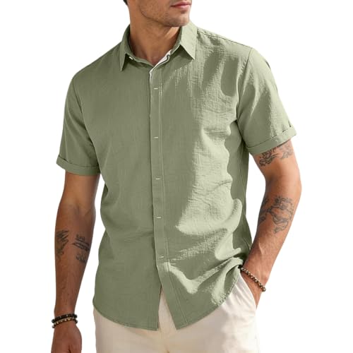 Chemise en lin pour hommes manches courtes boutonnée coupe régulière chemisette été légère
