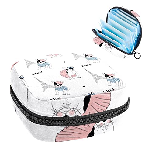 Women Sanitary Napkins Pads Handbag Ladies Menstrual Cup Pouch Girls Portable Tampon Storage Bag French Bulldog Paris Period Pouch with Zipper