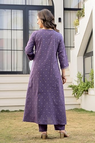 Image of PARTHVI Women's 100% Pure Cotton Anarkali Kurta Set with Pant & Dupatta | Embroidered Flared Kurta | Elegant Ethnic Suit