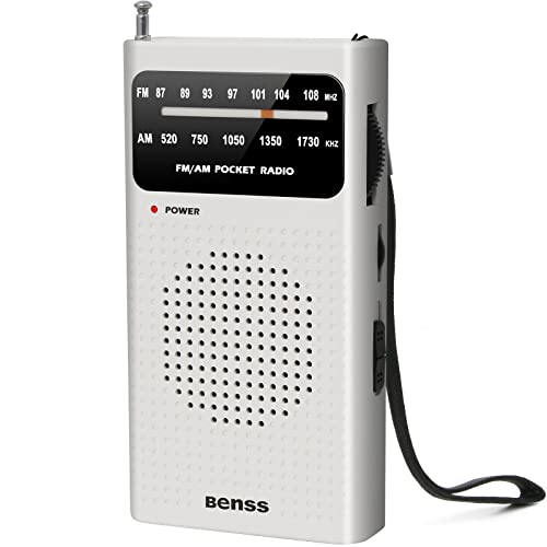 Benss Small Radios Portable AM FM, Transistor radios 2AA Battery Operated with Best Reception, Radio with Speaker & Headphone Jack, Pocket Radio for Indoor, Outdoor and Emergency Use(White)