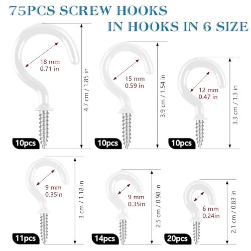 75 Stück Schraubhaken Weiß 6 Größen Deckenhaken Set Haken Zum Schrauben,Vinyl Beschichtet Cup Haken Set Hakenschrauben