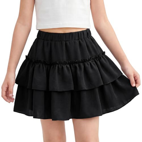 Valcatch Girls High Waisted Ruffle Tiered Skirt with Shorts Teens Mini A-Line Layered Skater Tennis Skort for Casual School Party Sportwear 5-14 Years Black