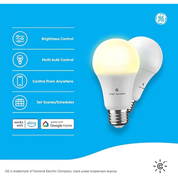 GE CYNC A19 Smart LED Light Bulbs, Soft White, Bluetooth and WiFi Light Bulbs, 60W Equivalent, Work with Amazon Alexa and Google Home, 2 Count (Pack of 1)