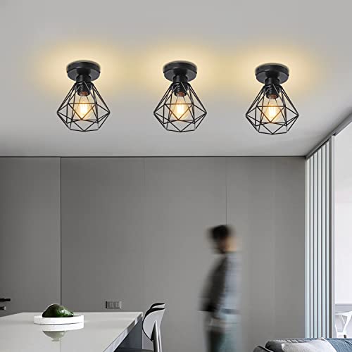 iDEGU Lustre Plafonnier Industriel Métal Suspension Luminaire Style Cage Géométrique E27 Mini Lampe de Plafond Vintage pour Couloir Entrée, Noir, Ø 16cm (Plafond) – vue 9