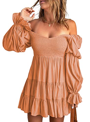 Image of Dokotoo Womens 2025 Spring Summer Dresses Elegant Off The Shoulder V Neck Long Sleeve Ruffle Flowy Mini Short Skater Dresses