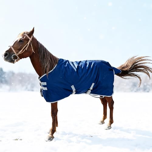 Image of 1200D Horse Blanket Winter Water Resistant 220g Polyester Fiber Filling Liner 1200D Premium Turnout Horse Blanket,Medium Weight Blanket 81 inches,155cm Deep Blue