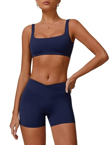 Two Piece Workout Sets for Women Square Neck Sports Bra and Scrunch Butt Lifting Shorts Gym Yoga Active Wear Outfits