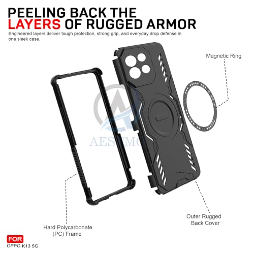 Image of AESTMO Back Case Cover for Oppo K13 5G | Magnetic Case with Built-in Metal Ring | Compatible with MagSafe Accessories | Shockproof Hybrid (PC + TPU, Black)