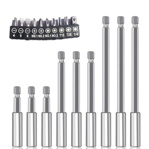 Kirgizta 19 Piezas Portapuntas Magnético 1/4 Hexagonal Destornillador Bit Holder Adaptador de Enchufe de Vástago 75/100 /150 mm con 10 Ountas de Destornillador, para Brocas y Puntas Eléctricas