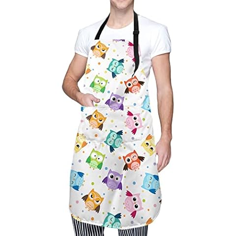Echoserein Colorful Owl Apron Adjustable Bib Aprons With 2 Pockets For Men Women Chef Waterproof Decorative For Kitchen Cooking Bbq Grilling Cover