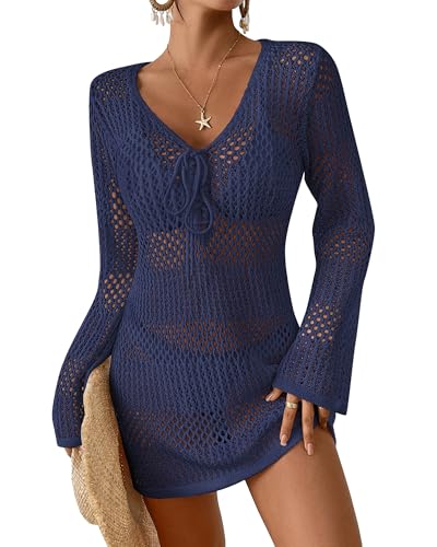 Image of Bsubseach Women Swimsuit Crochet Coverup Long Sleeve V Neck Beach Dress