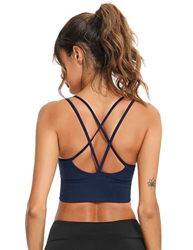Sykooria Sport BH Damen Gepolstert Bustier Damen BH ohne Buegel Spaghettiträger Cross Back Design Push up BH Sport Bra Top für Yoga Fitness, Blau M