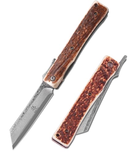KATSU Handmade Damascus Steel Japanese Razor Pocket Folding Knife with Genuine Deer Antler Handle
