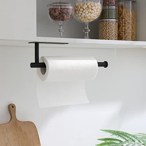 Image of theaoo 2 Packs Paper Towel Holder - Under Cabinet Paper Towel Holder for Kitchen, Adhesive Paper Towel Roll Rack for Bathroom Towel, Wall Mounted Matte Black Paper Towel Rack, SUS304 Stainless Steel