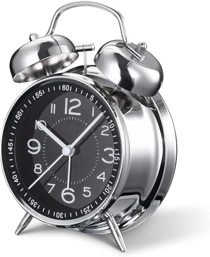Image of RUCON Table Analog Clock 4.5 Inches Alarm Super Loud for Heavy Sleepers Retro Twin Bell Metal Frame Clock with Night Backlight Function Bedside Alarm for Bedroom /Office (Black Silver)